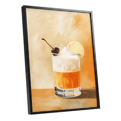 Citrus Nightcap, orange, beige, white minimalist wall art shown as a black framed poster wall art print