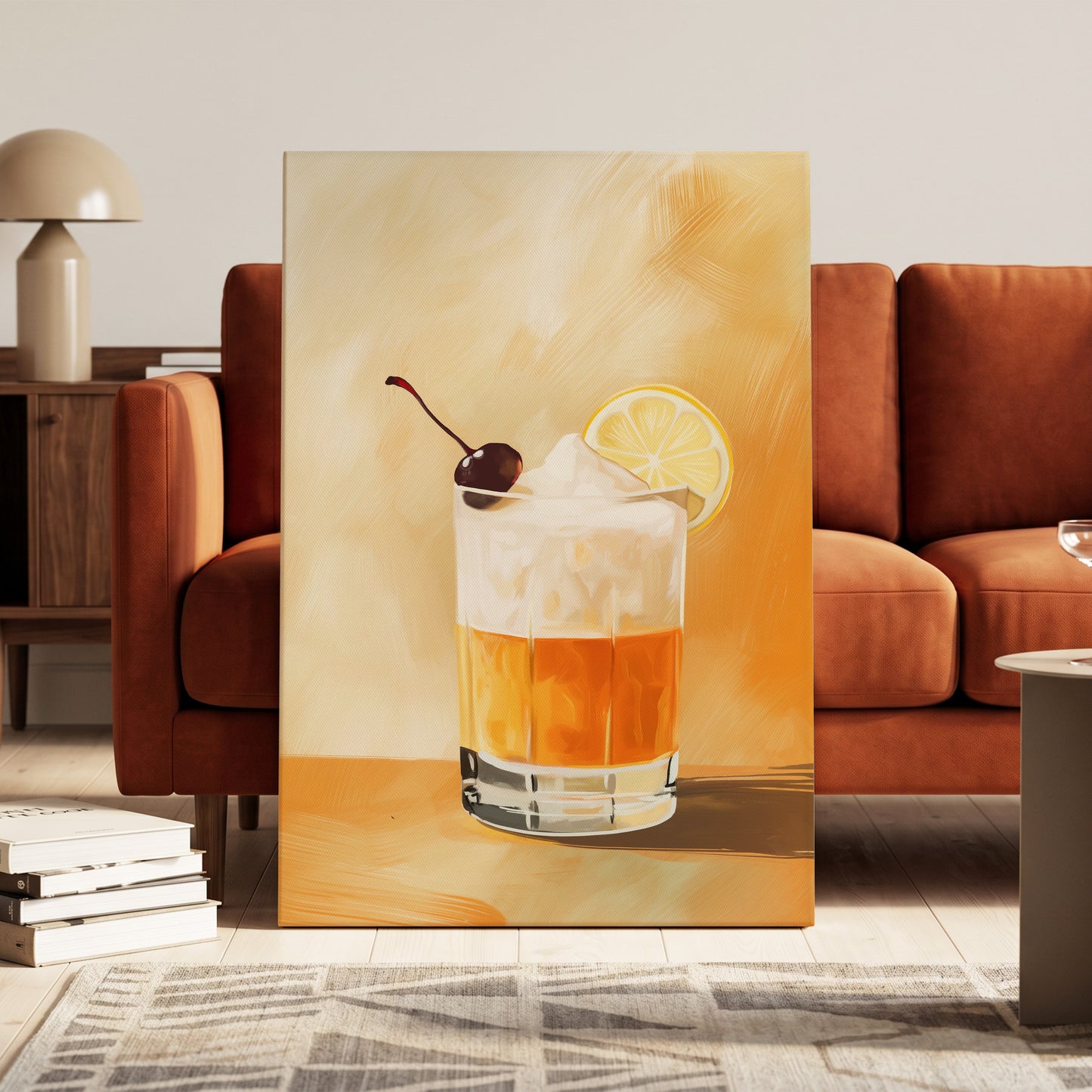 Citrus Nightcap, orange, beige, white minimalist wall art on canvas displayed in a styled interior, gallery view 1