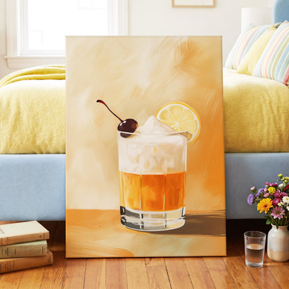 Citrus Nightcap, orange, beige, white minimalist wall art on canvas displayed in a styled interior, gallery view 2