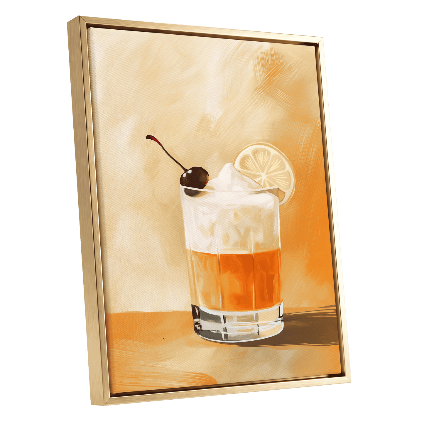 Citrus Nightcap, orange, beige, white minimalist wall art shown as a gold framed canvas wall art