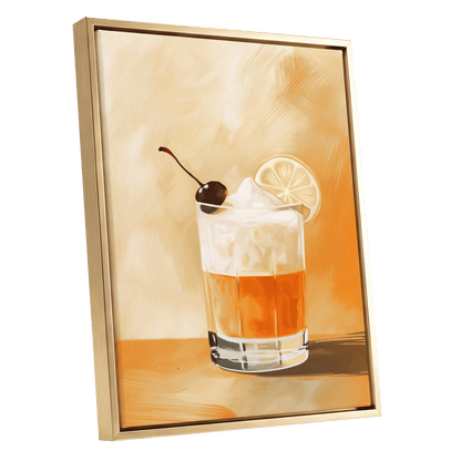 Citrus Nightcap, orange, beige, white minimalist wall art shown as a gold framed canvas wall art