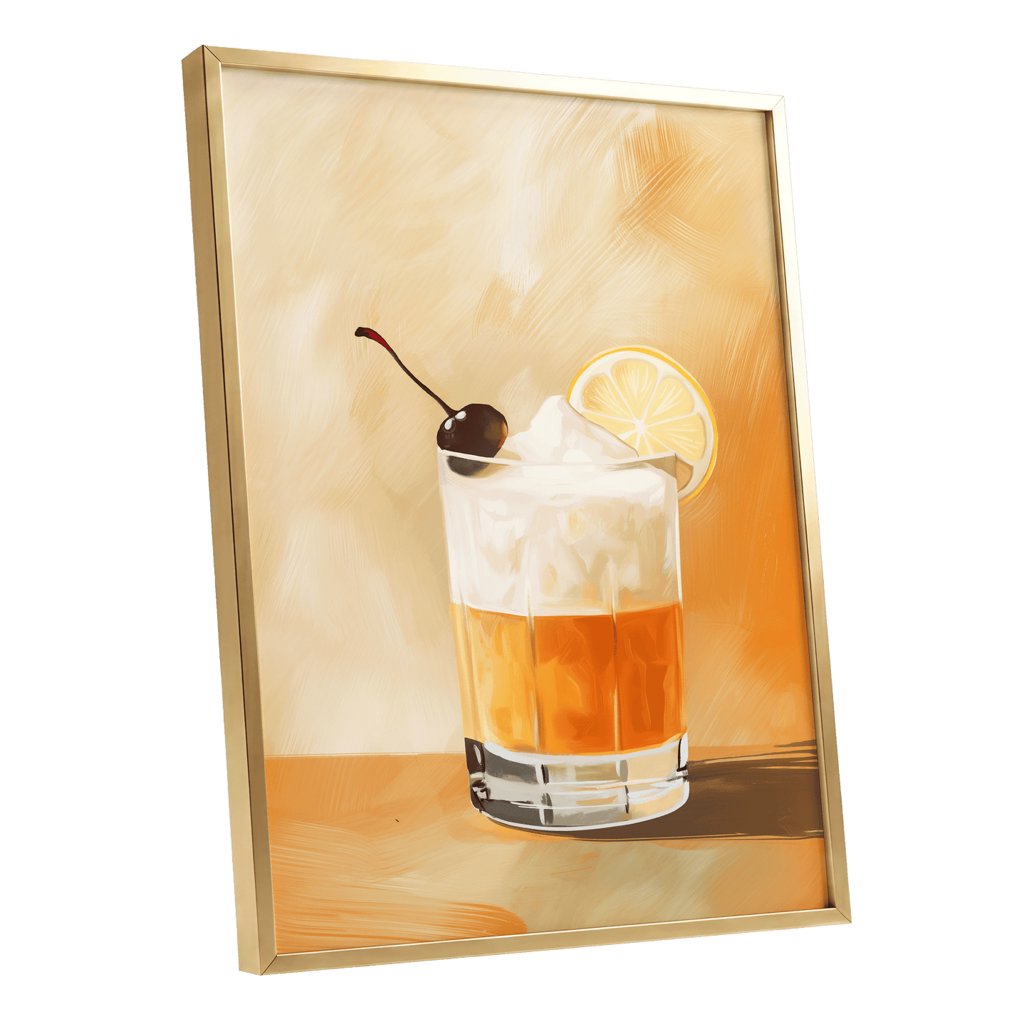 Citrus Nightcap, orange, beige, white minimalist wall art shown as a gold framed poster wall art print