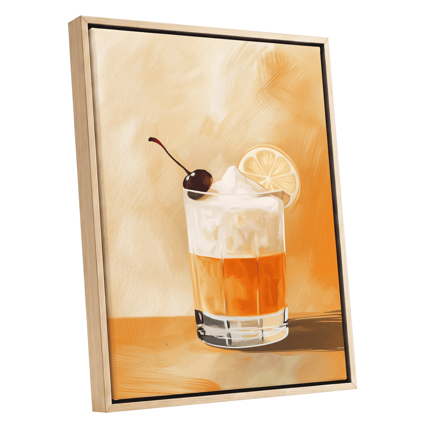 Citrus Nightcap, orange, beige, white minimalist wall art shown as a oak framed canvas wall art
