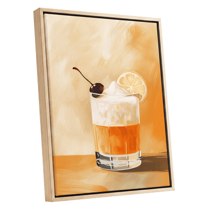 Citrus Nightcap, orange, beige, white minimalist wall art shown as a oak framed canvas wall art