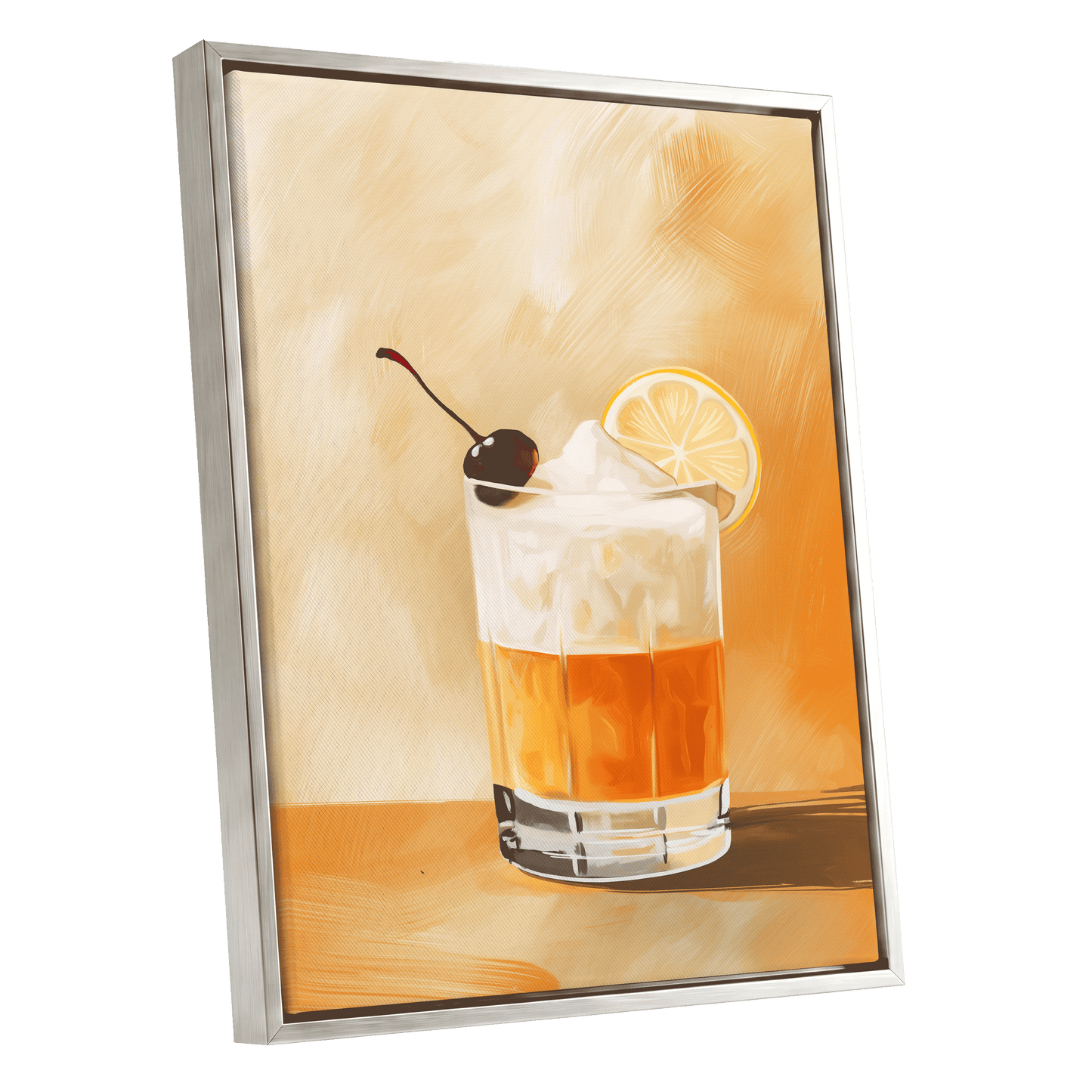 Citrus Nightcap, orange, beige, white minimalist wall art shown as a silver framed canvas wall art