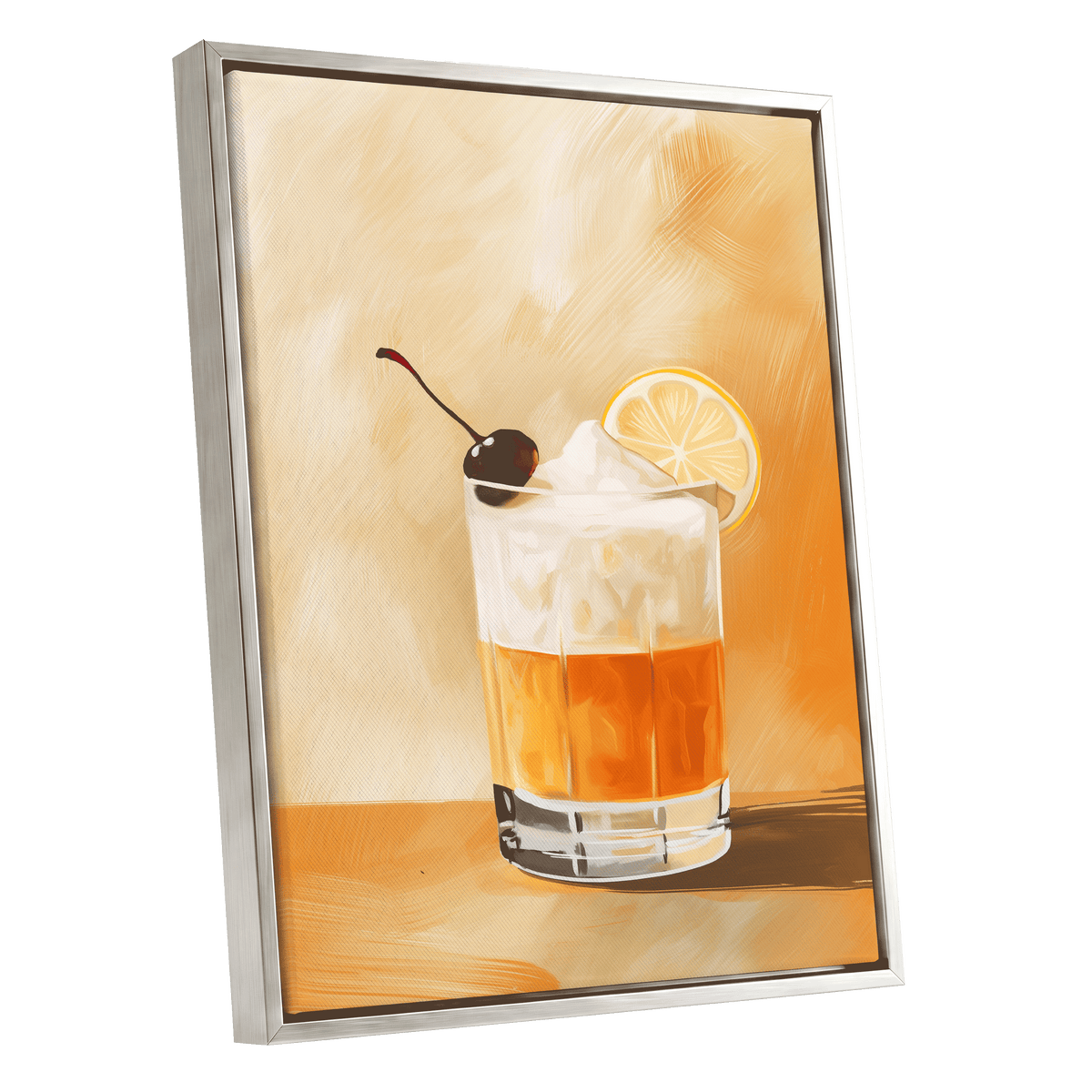 Citrus Nightcap, orange, beige, white minimalist wall art shown as a silver framed canvas wall art