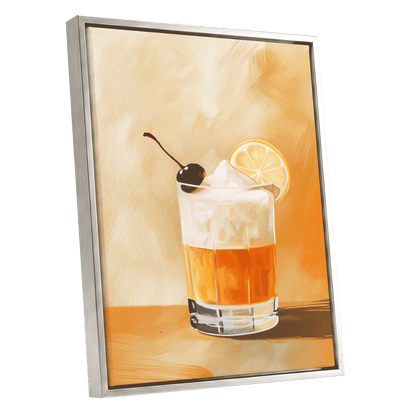 Citrus Nightcap, orange, beige, white minimalist wall art shown as a silver framed canvas wall art