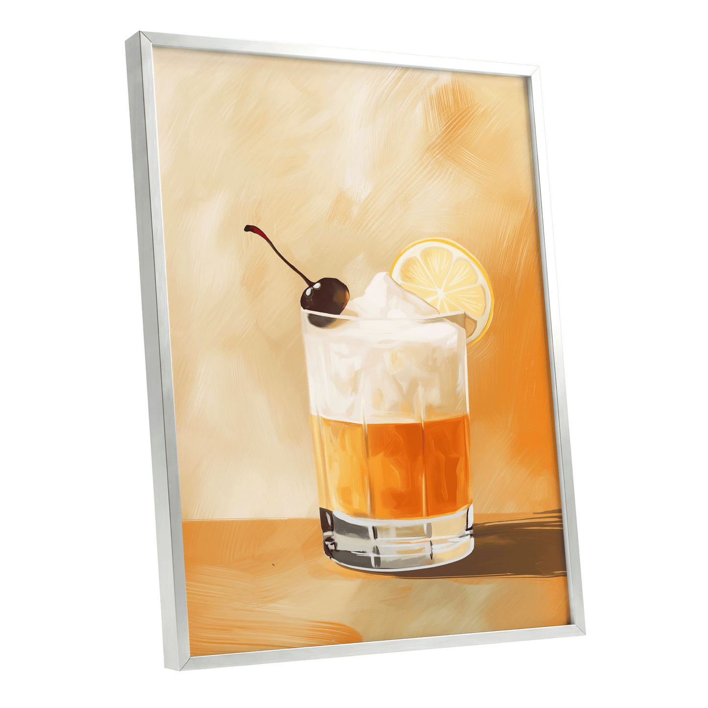 Citrus Nightcap, orange, beige, white minimalist wall art shown as a silver framed poster wall art print