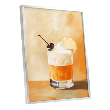Citrus Nightcap, orange, beige, white minimalist wall art shown as a silver framed poster wall art print
