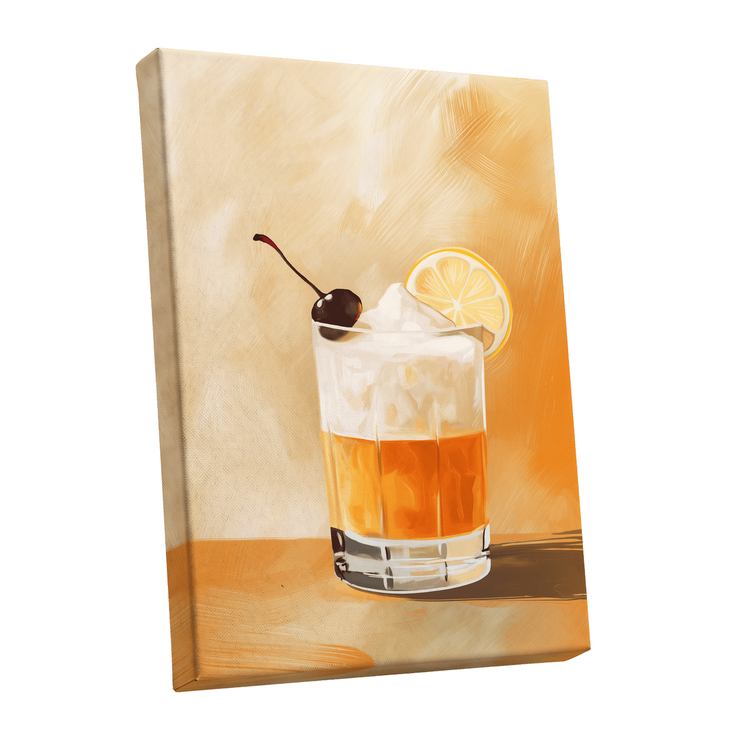 Citrus Nightcap, orange, beige, white minimalist wall art shown as a stretched canvas wall art