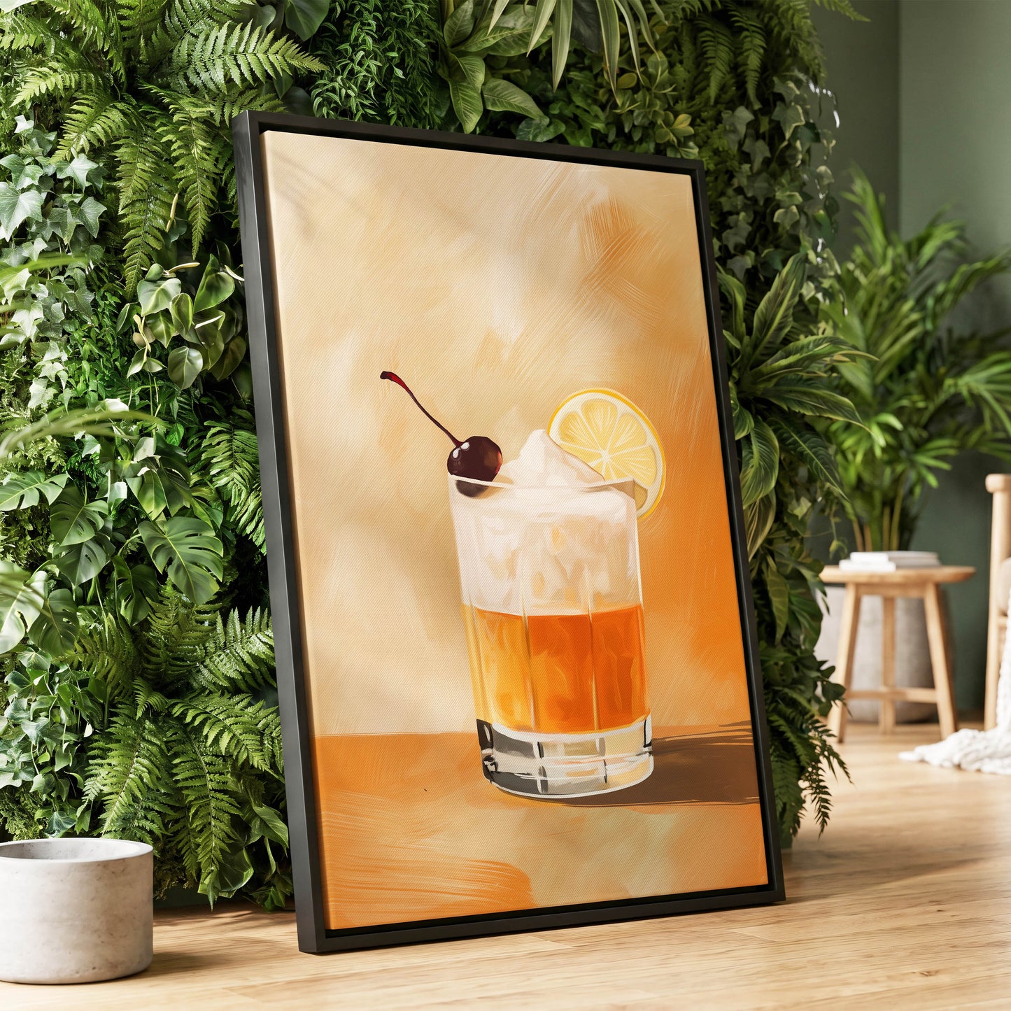 Citrus Nightcap, orange, beige, white minimalist wall art displayed in a styled interior, gallery view 1