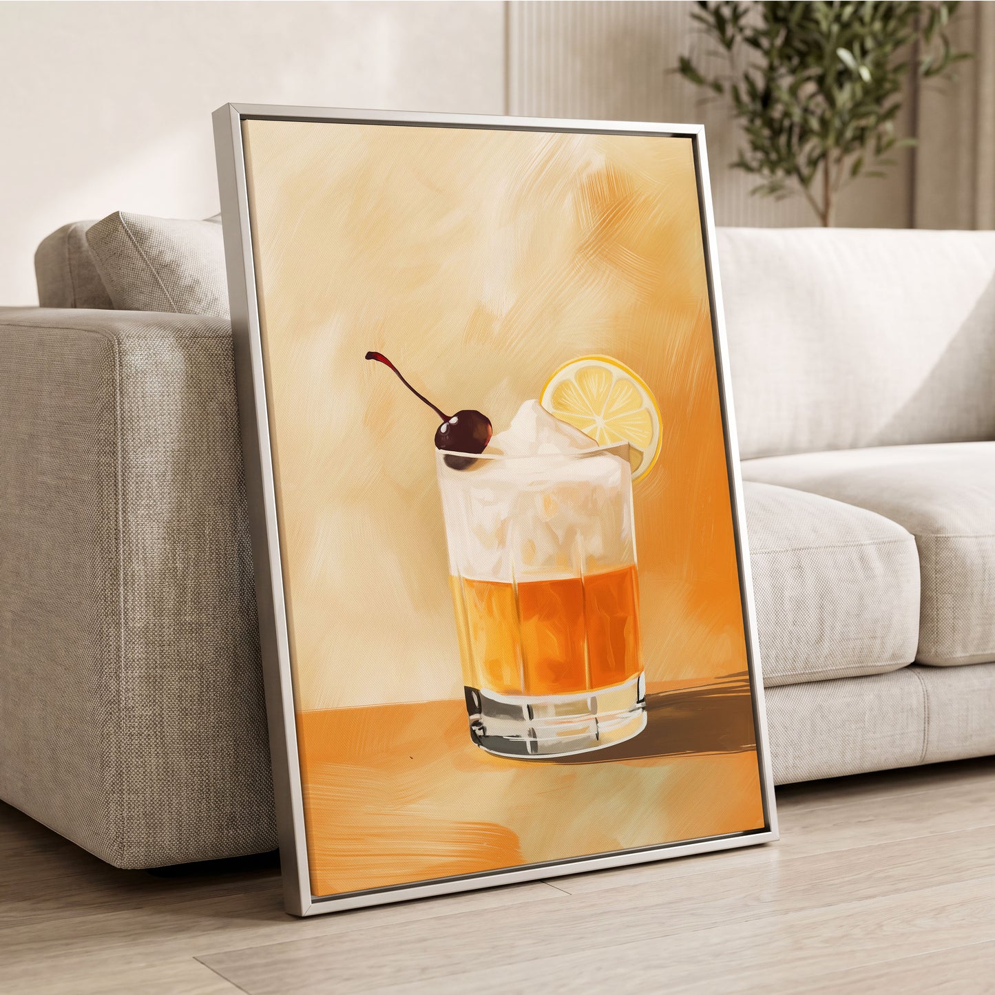 Citrus Nightcap, orange, beige, white minimalist wall art displayed in a styled interior, gallery view 2