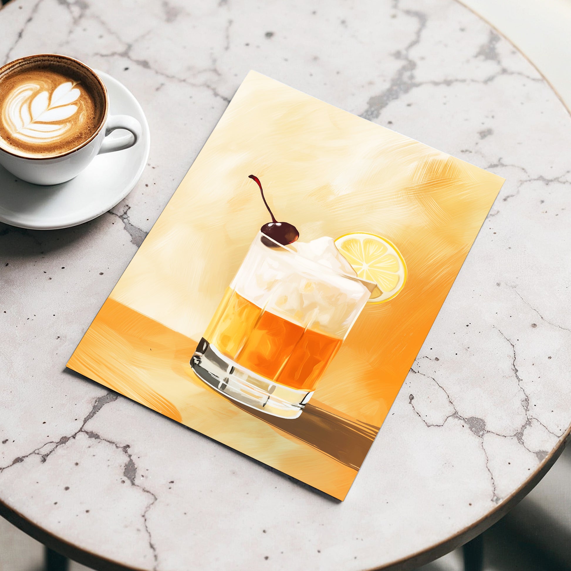 Citrus Nightcap, orange, beige, white minimalist wall art displayed in a styled interior, gallery view 3