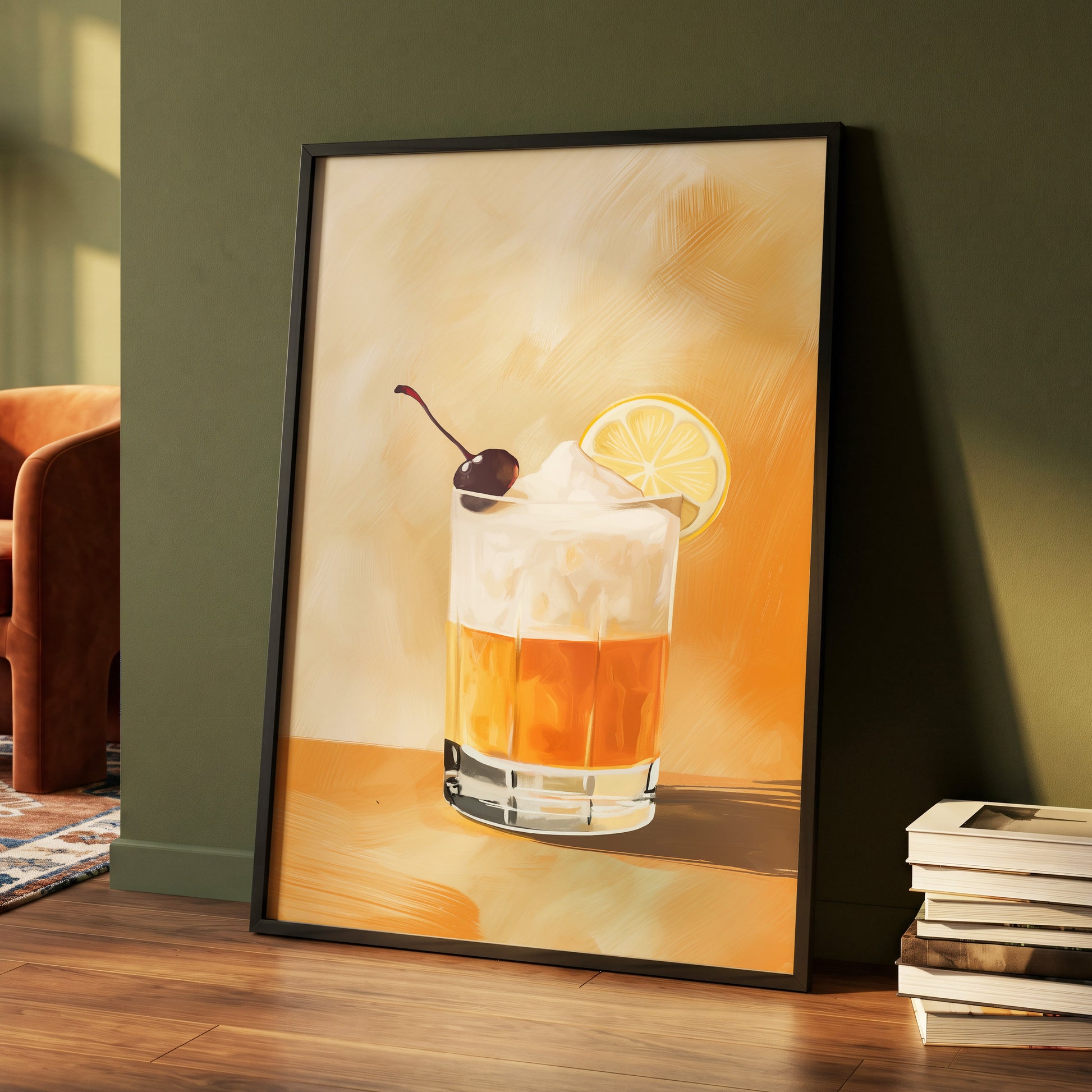Citrus Nightcap, orange, beige, white minimalist wall art displayed in a styled interior, gallery view 4