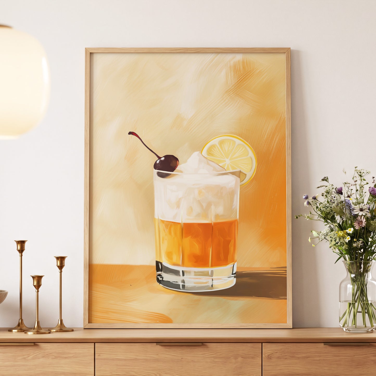 Citrus Nightcap, orange, beige, white minimalist wall art displayed in a styled interior, gallery view 5