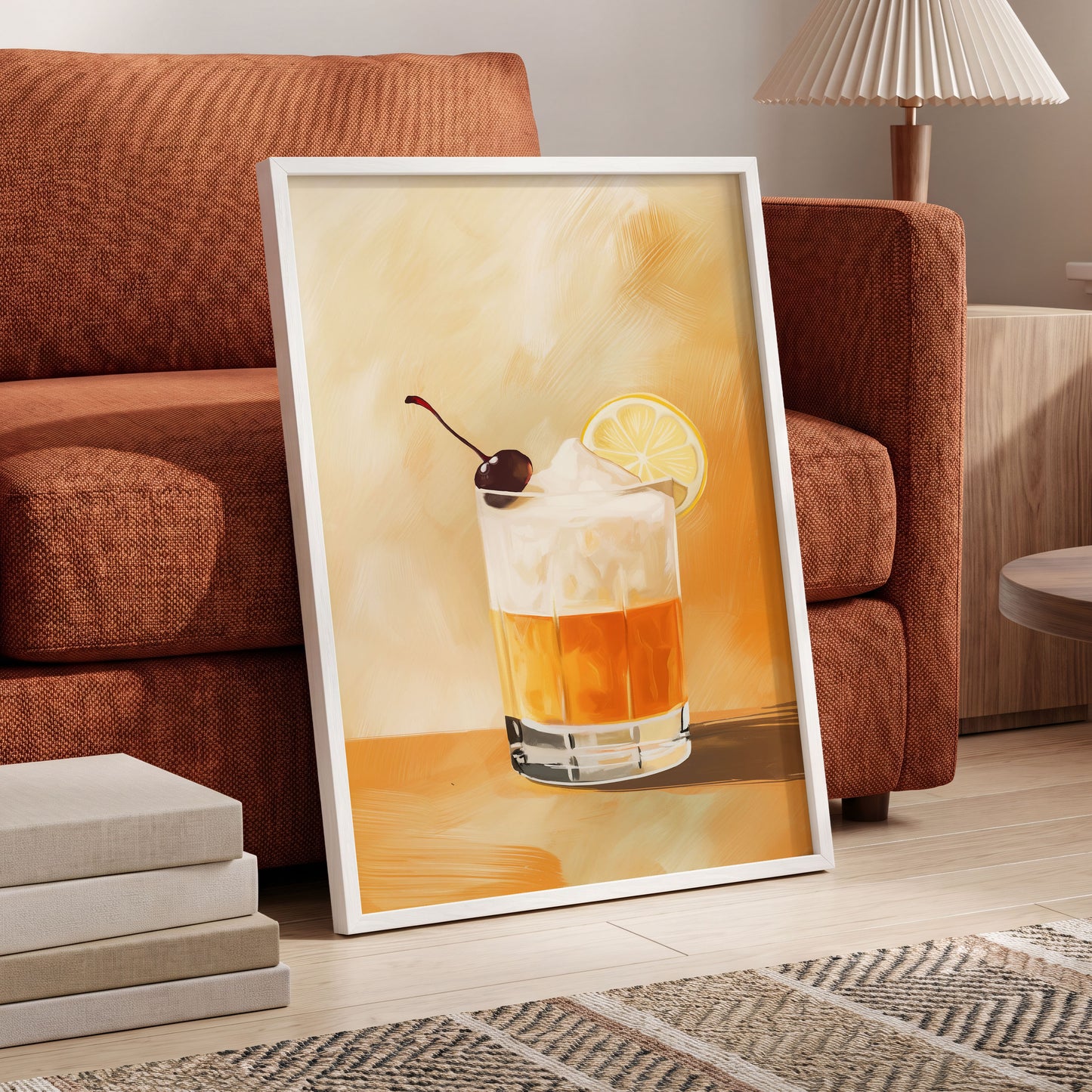 Citrus Nightcap, orange, beige, white minimalist wall art displayed in a styled interior, gallery view 6