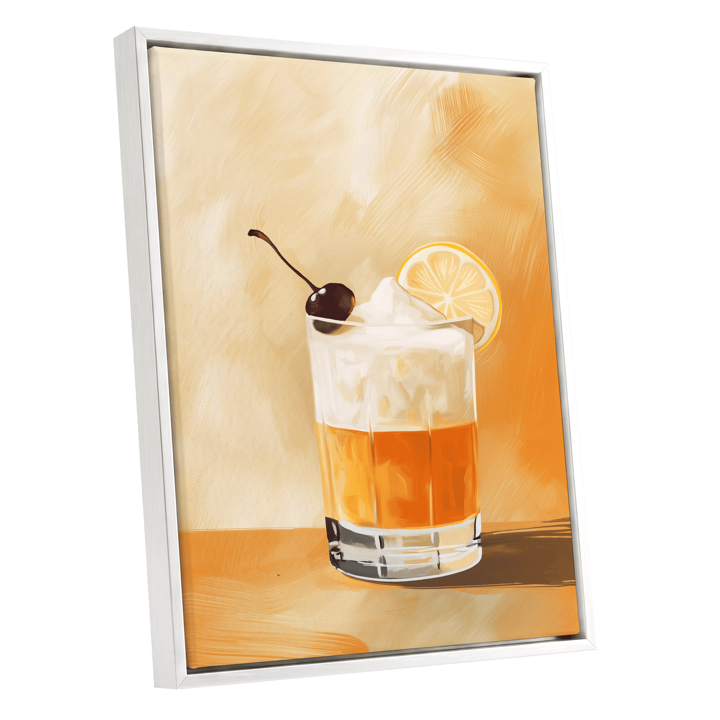 Citrus Nightcap, orange, beige, white minimalist wall art shown as a white framed canvas wall art