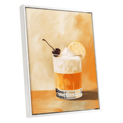 Citrus Nightcap, orange, beige, white minimalist wall art shown as a white framed canvas wall art
