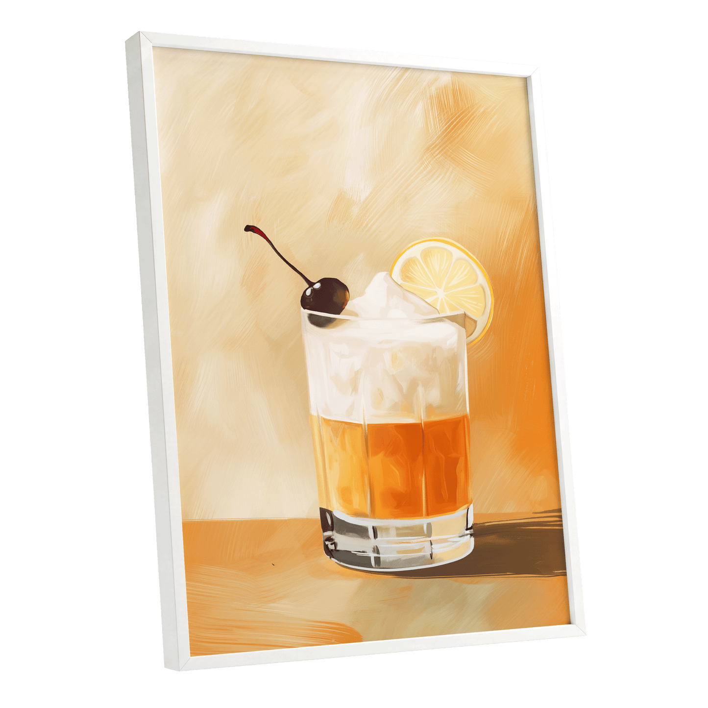 Citrus Nightcap, orange, beige, white minimalist wall art shown as a white framed poster wall art print