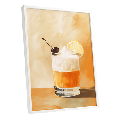 Citrus Nightcap, orange, beige, white minimalist wall art shown as a white framed poster wall art print