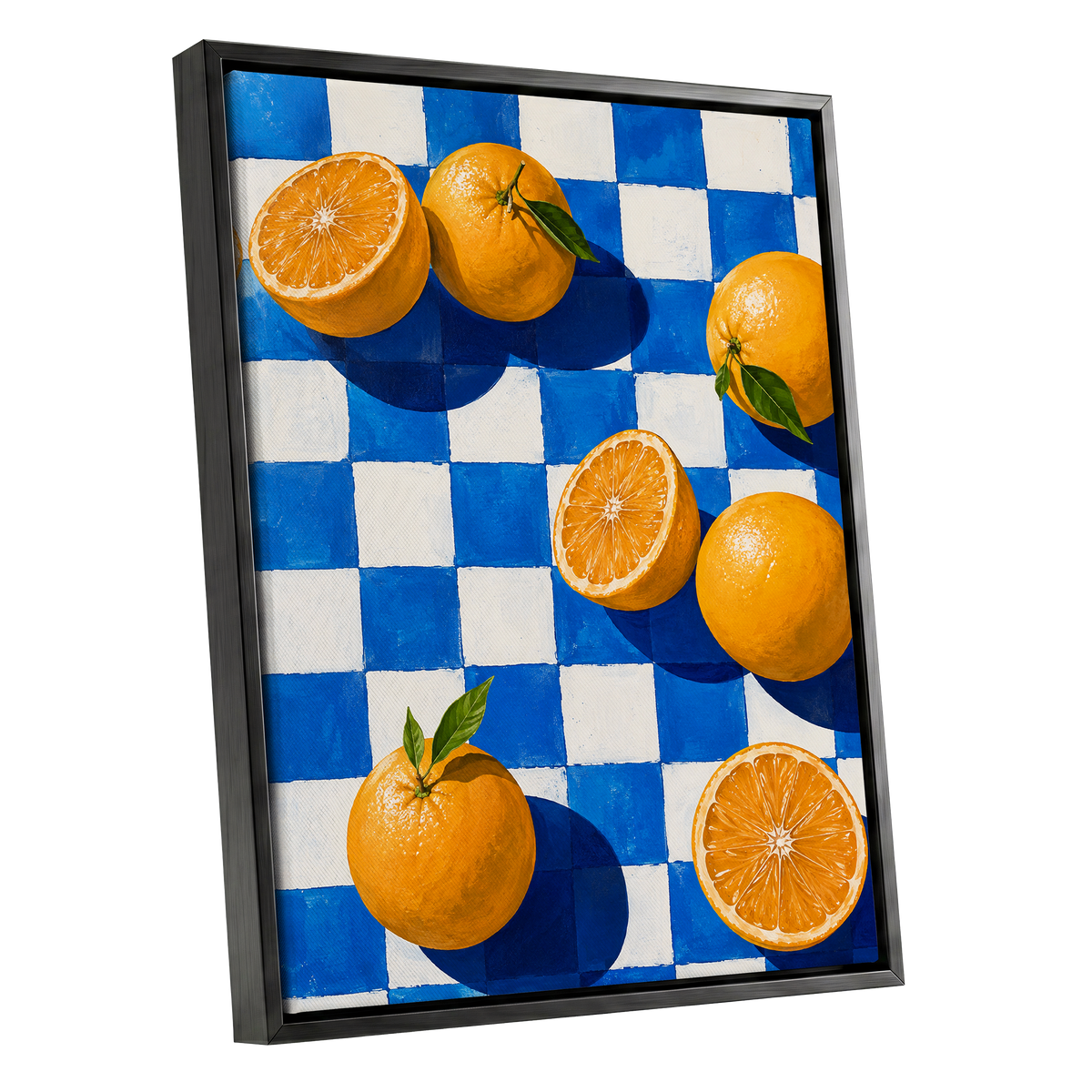 Citrus on Cobalt, orange, blue, white nature wall art shown as a black framed canvas wall art