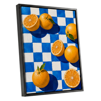 Citrus on Cobalt, orange, blue, white nature wall art shown as a black framed canvas wall art