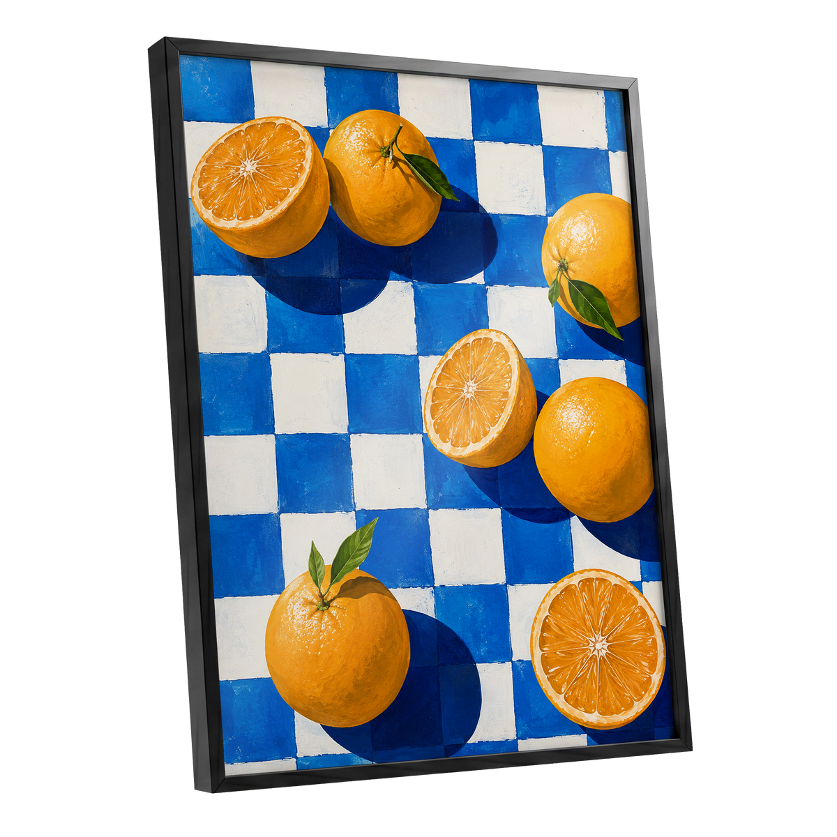 Citrus on Cobalt, orange, blue, white nature wall art shown as a black framed poster wall art print