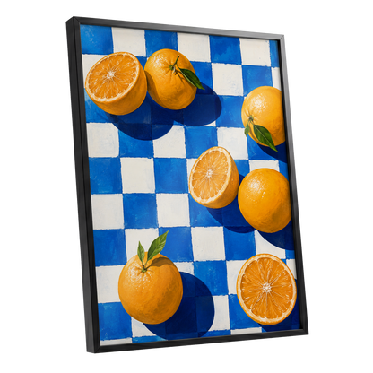 Citrus on Cobalt, orange, blue, white nature wall art shown as a black framed poster wall art print