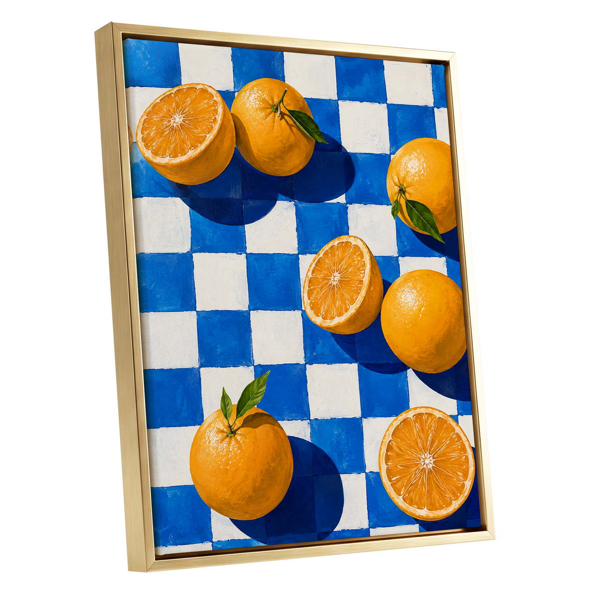 Citrus on Cobalt, orange, blue, white nature wall art shown as a gold framed canvas wall art