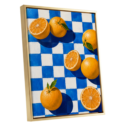 Citrus on Cobalt, orange, blue, white nature wall art shown as a gold framed canvas wall art