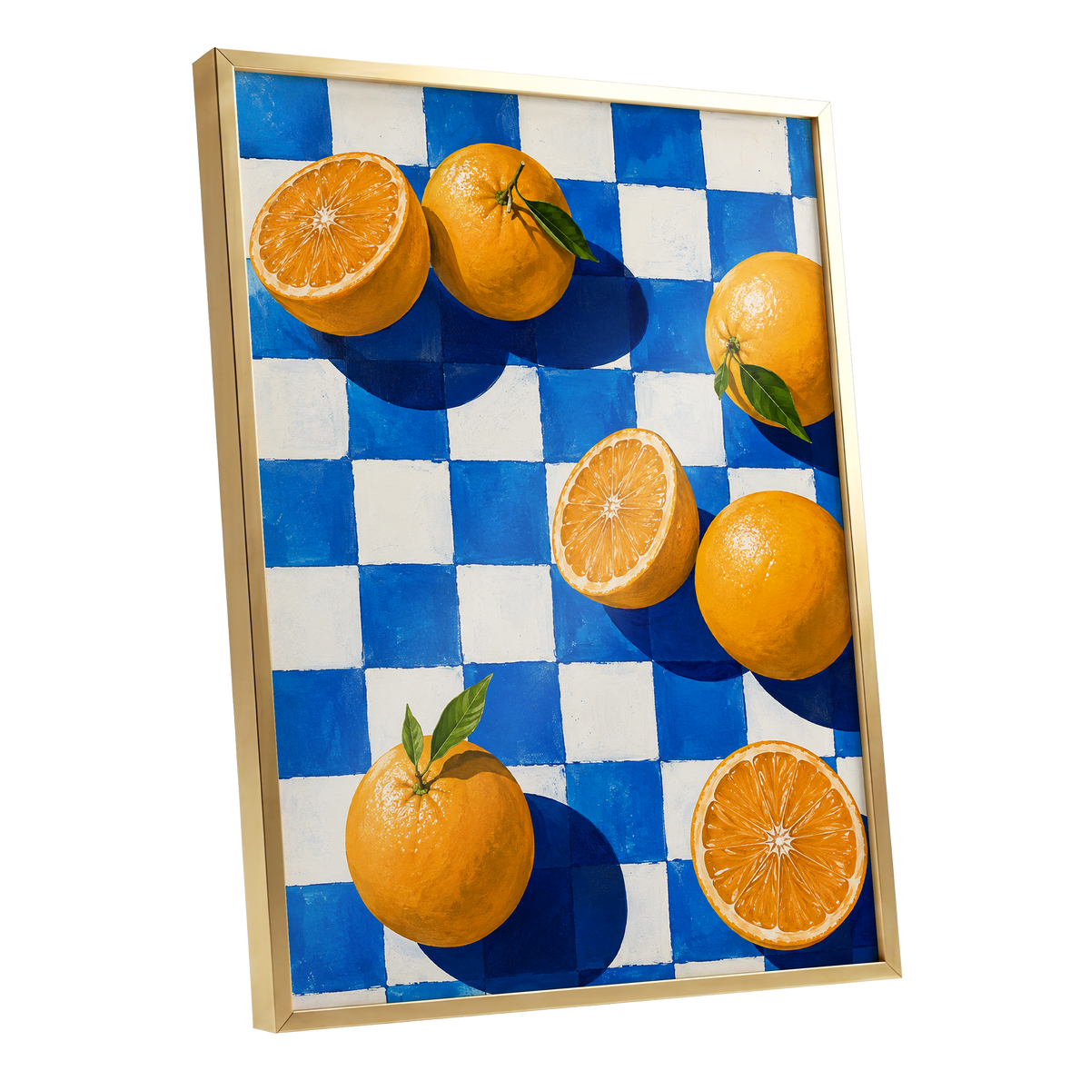 Citrus on Cobalt, orange, blue, white nature wall art shown as a gold framed poster wall art print