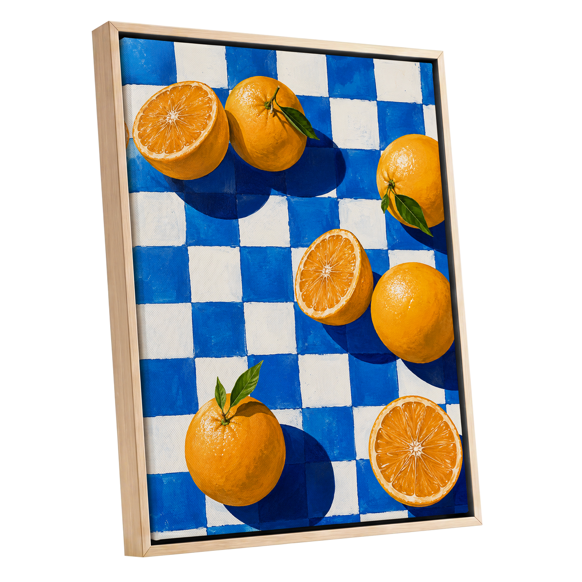 Citrus on Cobalt, orange, blue, white nature wall art shown as a oak framed canvas wall art