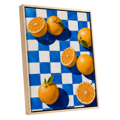 Citrus on Cobalt, orange, blue, white nature wall art shown as a oak framed canvas wall art