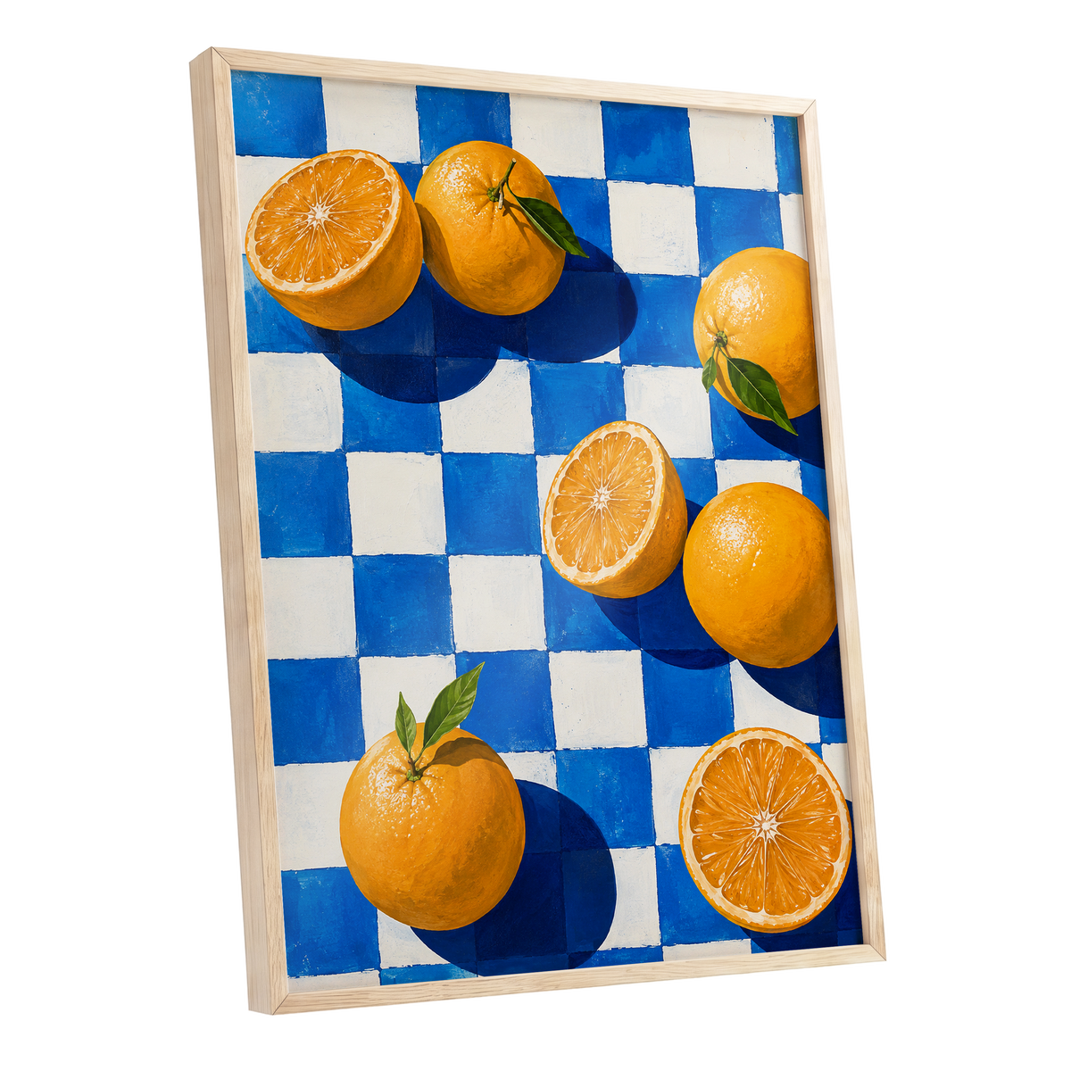 Citrus on Cobalt, orange, blue, white nature wall art shown as a oak framed poster wall art print