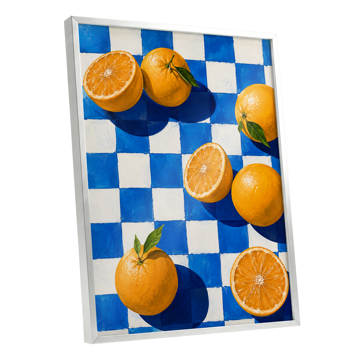 Citrus on Cobalt, orange, blue, white nature wall art shown as a silver framed poster wall art print