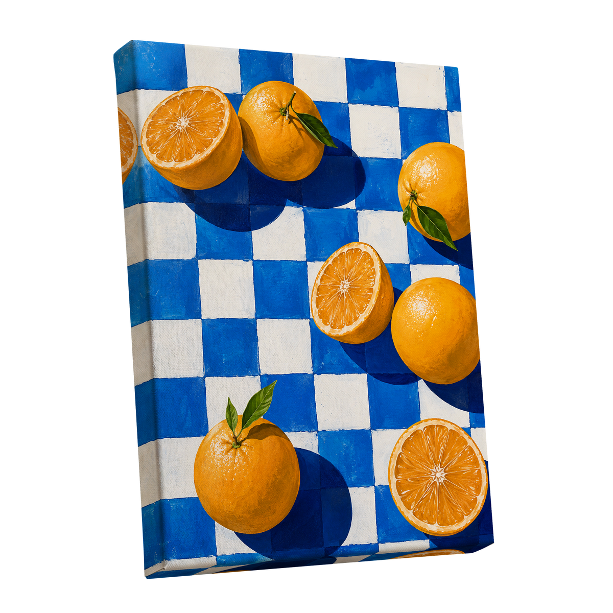Citrus on Cobalt, orange, blue, white nature wall art shown as a stretched canvas wall art