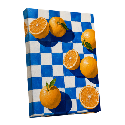 Citrus on Cobalt, orange, blue, white nature wall art shown as a stretched canvas wall art