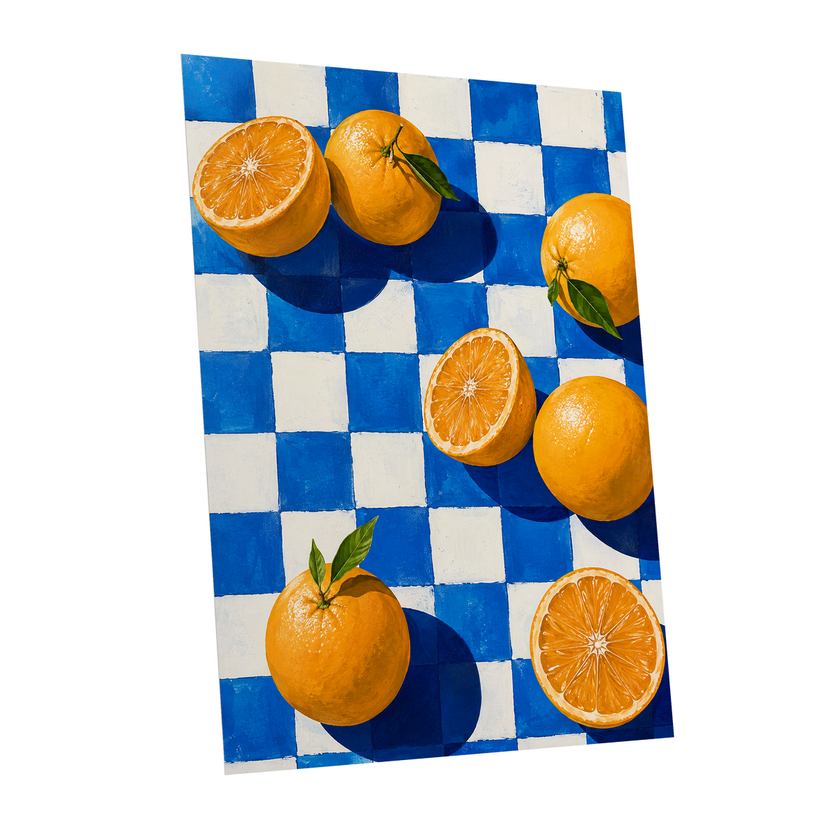Citrus on Cobalt, orange, blue, white nature wall art shown as a unframed poster wall art print