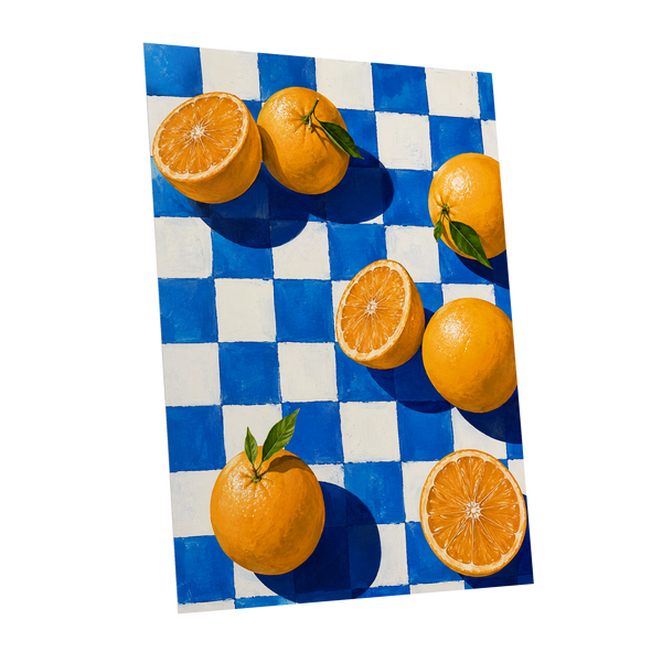 Citrus on Cobalt, orange, blue, white nature wall art shown as a unframed poster wall art print