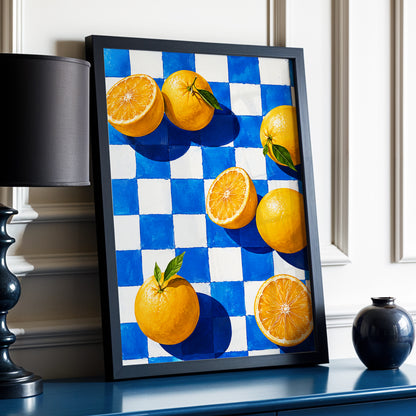 Citrus on Cobalt, orange, blue, white nature wall art displayed in a styled interior, gallery view 2