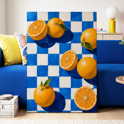 Citrus on Cobalt, orange, blue, white nature wall art displayed in a styled interior, gallery view 3