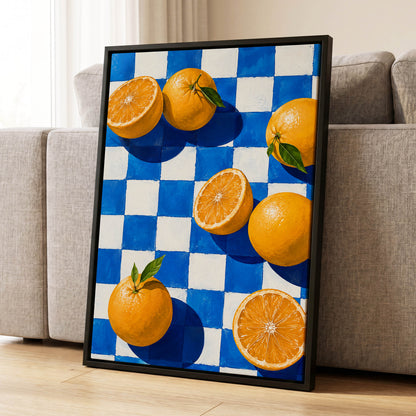 Citrus on Cobalt, orange, blue, white nature wall art displayed in a styled interior, gallery view 4