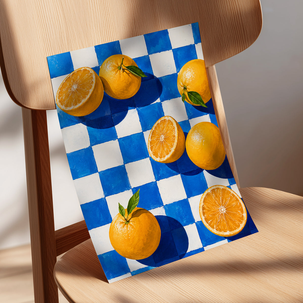 Citrus on Cobalt, orange, blue, white nature wall art displayed in a styled interior, gallery view 5