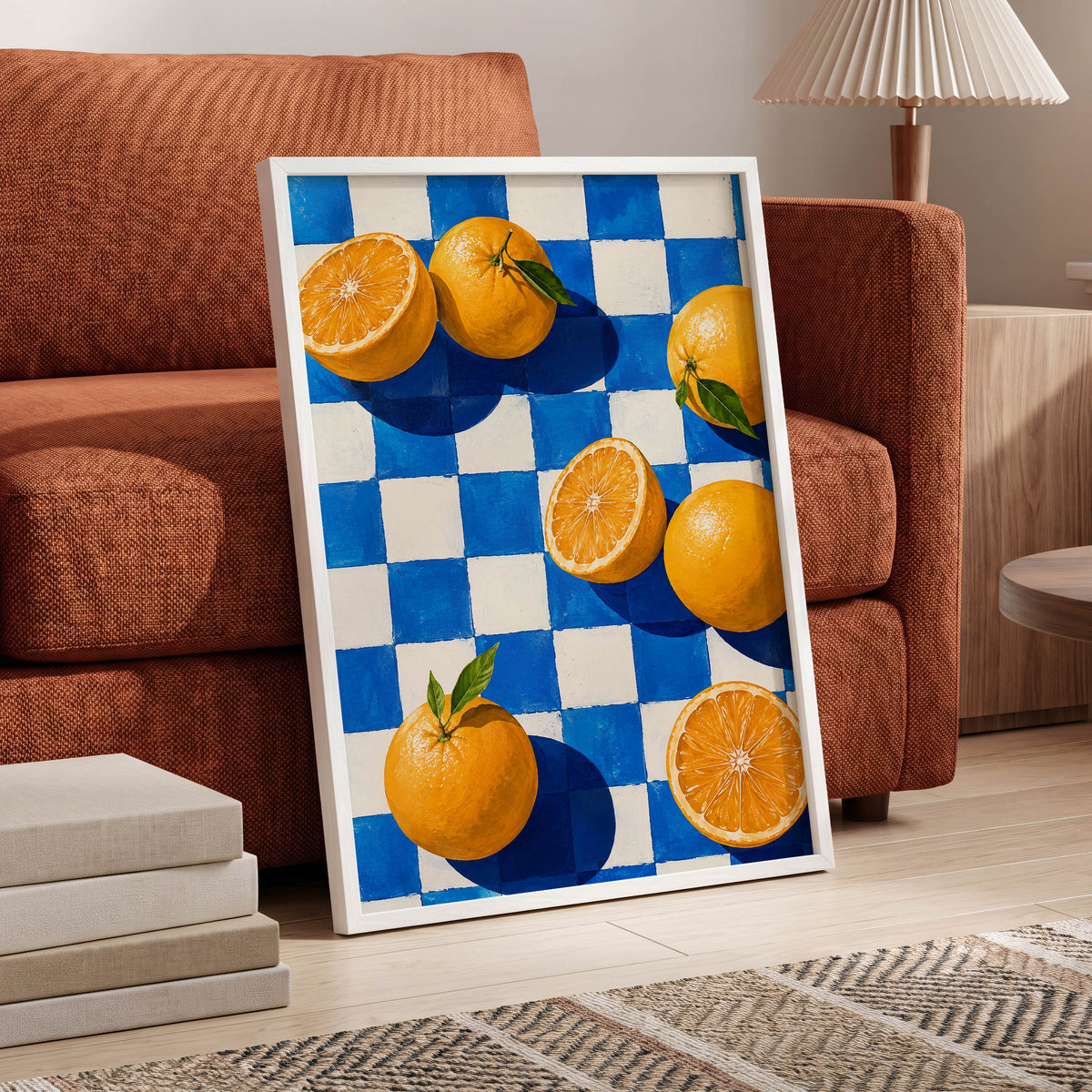 Citrus on Cobalt, orange, blue, white nature wall art displayed in a styled interior, gallery view 6