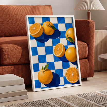 Citrus on Cobalt, orange, blue, white nature wall art displayed in a styled interior, gallery view 6