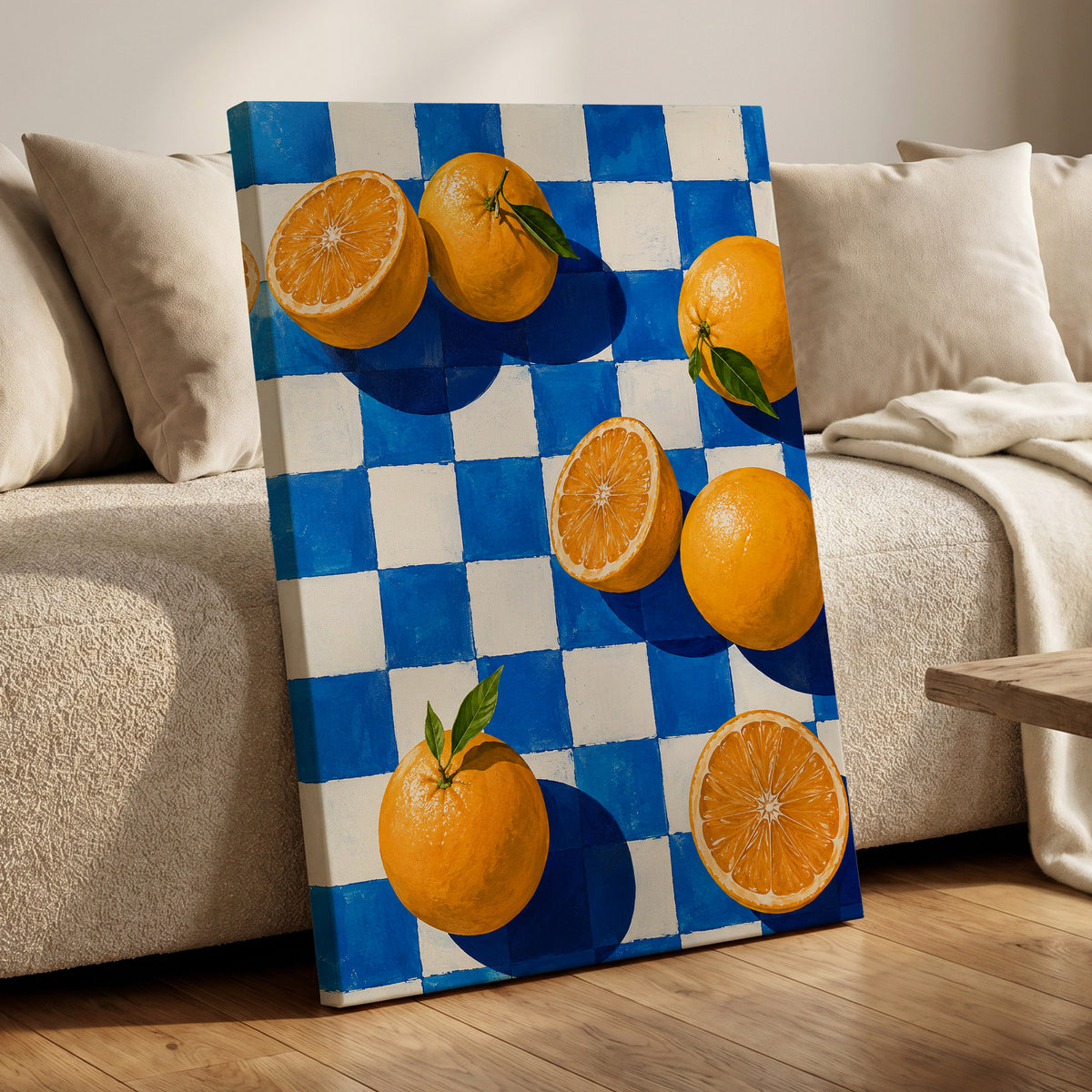 Citrus on Cobalt, orange, blue, white nature wall art displayed in a styled interior, gallery view 7