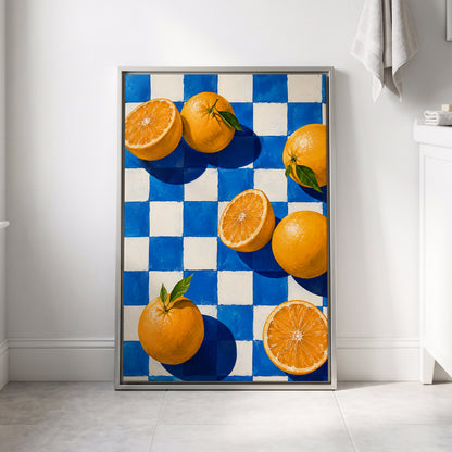 Citrus on Cobalt, orange, blue, white nature wall art displayed in a styled interior, gallery view 8