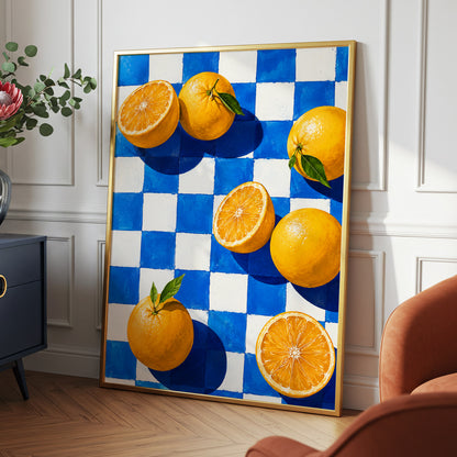 Citrus on Cobalt, orange, blue, white nature wall art displayed in a styled interior, gallery view 9
