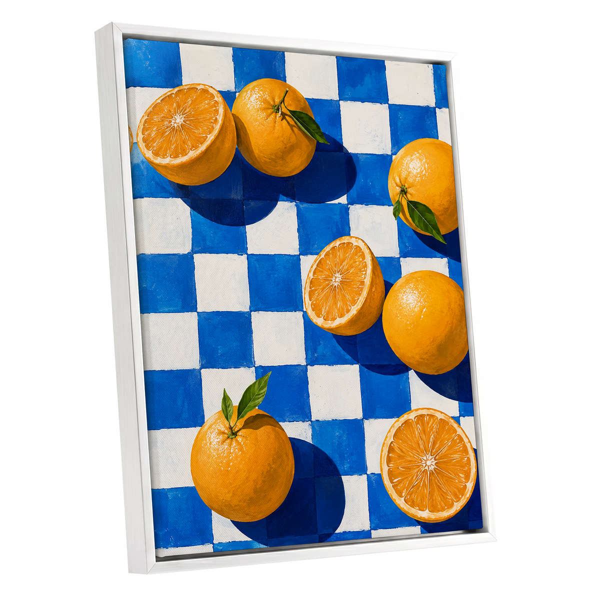 Citrus on Cobalt, orange, blue, white nature wall art shown as a white framed canvas wall art