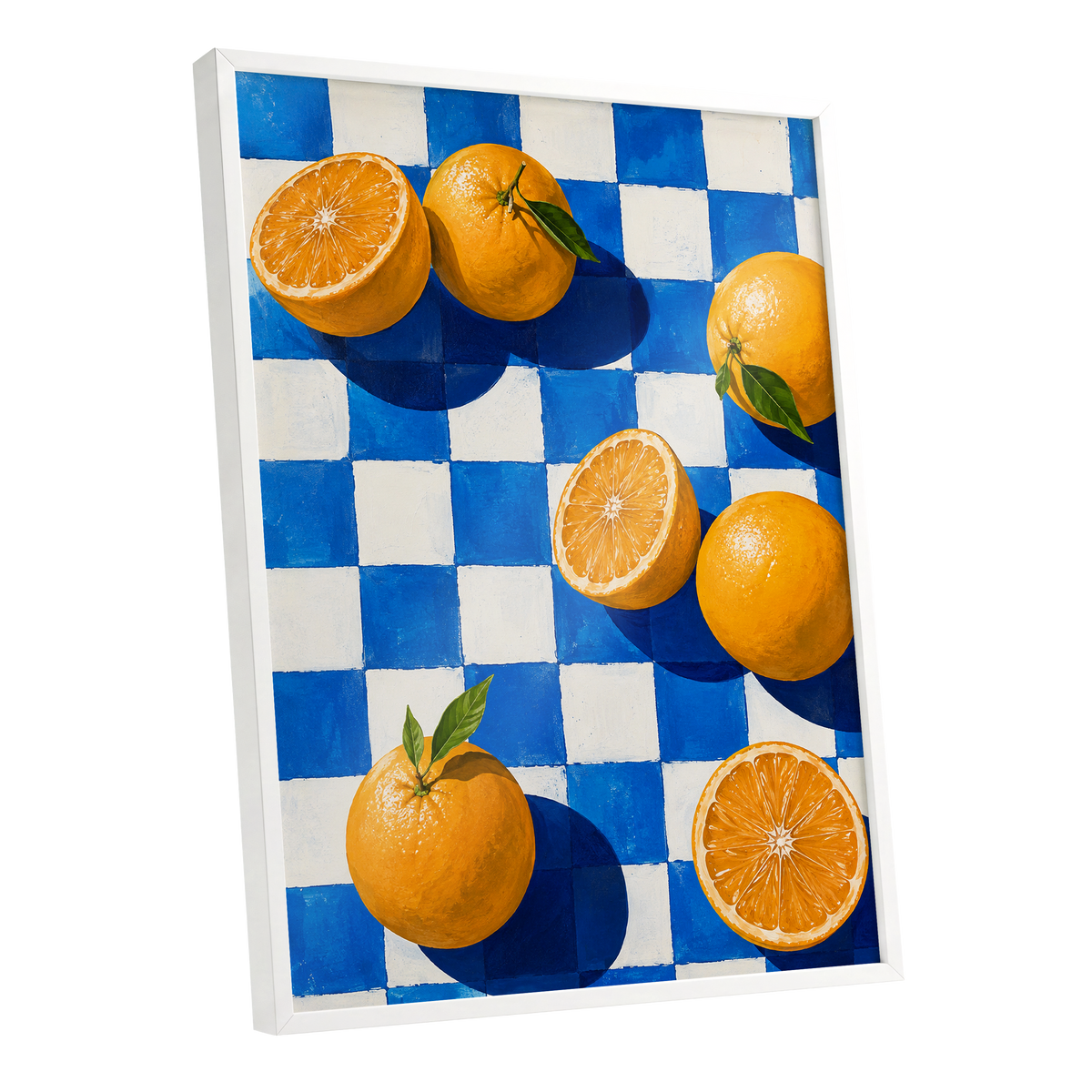 Citrus on Cobalt, orange, blue, white nature wall art shown as a white framed poster wall art print